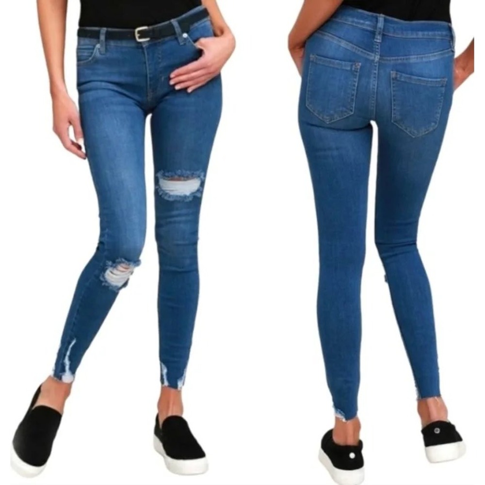 Free People Distressed Skinny Jeans Blue Denim Frayed Hem Size 25
